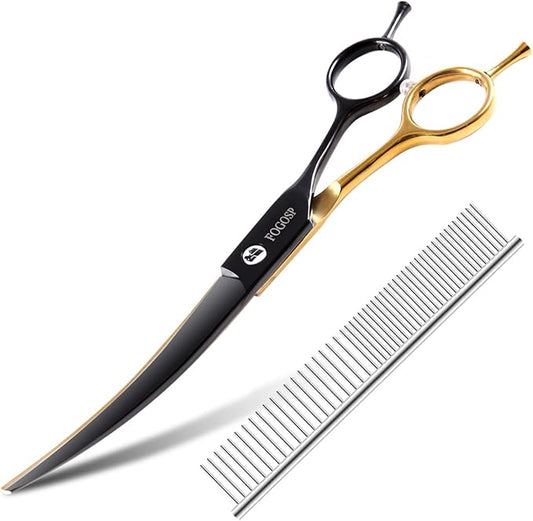 Black and Gold Two-Color Curved Grooming Scissors for Dogs 7.0" Professional Curved Pets Grooming Scissors for Small Medium Dog 9CR Stainless Steel(Black&Gold,Curved)