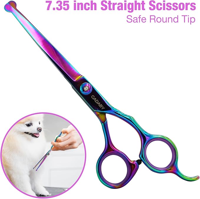 Professional Dog Grooming Scissors with Safety Round Tips, 5 in 1 Dog Grooming Scissors Set, 4CR Stainless Steel Pet Grooming Shears for Dog, Cat,Sharp and Sturdy, Rainbow