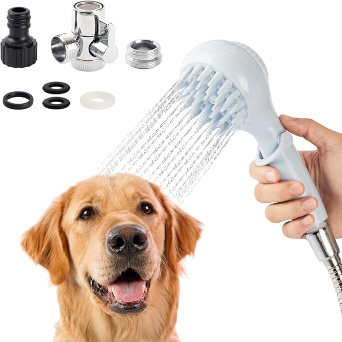 Dog Shower Head with Brush – 3-in-1 Pet Grooming Tool with Shampoo Dispenser & Stainless Steel Hose – Indoor/Outdoor Use – Compatible with ¼” Faucet & ¾” Hose Adapter