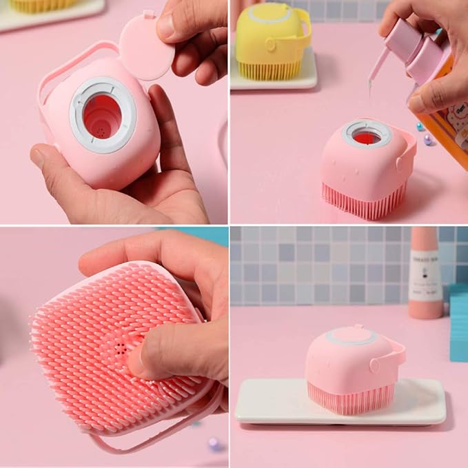 Portable Dog Bath Brush - Pet Massage Brush Shampoo Dispenser, Soft Silicone Brush Rubber Bristle for Dogs and Cats Shower Grooming (Pink)