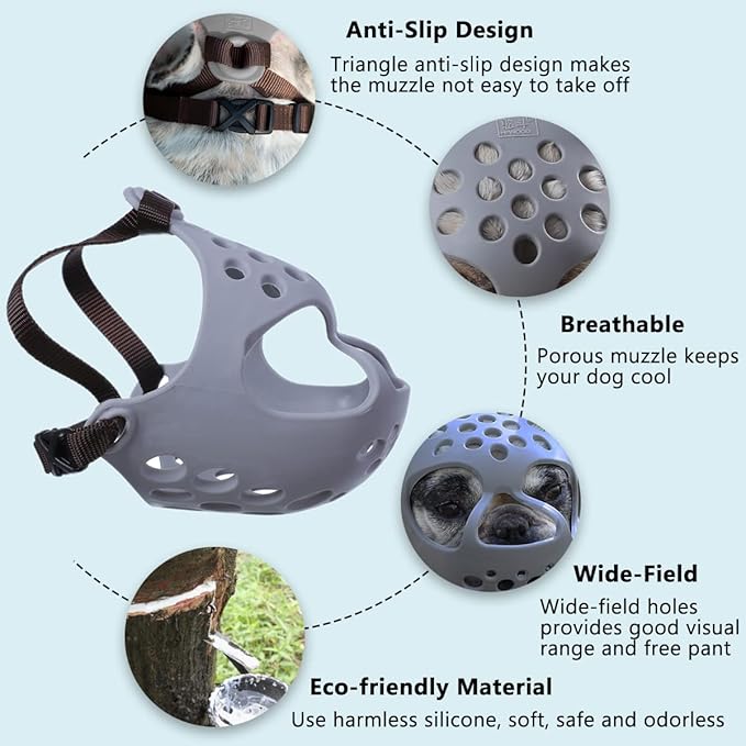 BARKLESS Dog Muzzle for Short Snout Dogs, Soft Silicone Muzzle for Biting, Chewing, Licking for French Bulldog Shih Tzu, Ideal for Flat-Faced Aggressive Dogs Grooming Walking, Allows Drinking