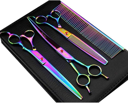 Purple Dragon 8.0 inch Dog Hair Cutting, Curved and Thinning Scissors Shear Pet Grooming Tool Kit