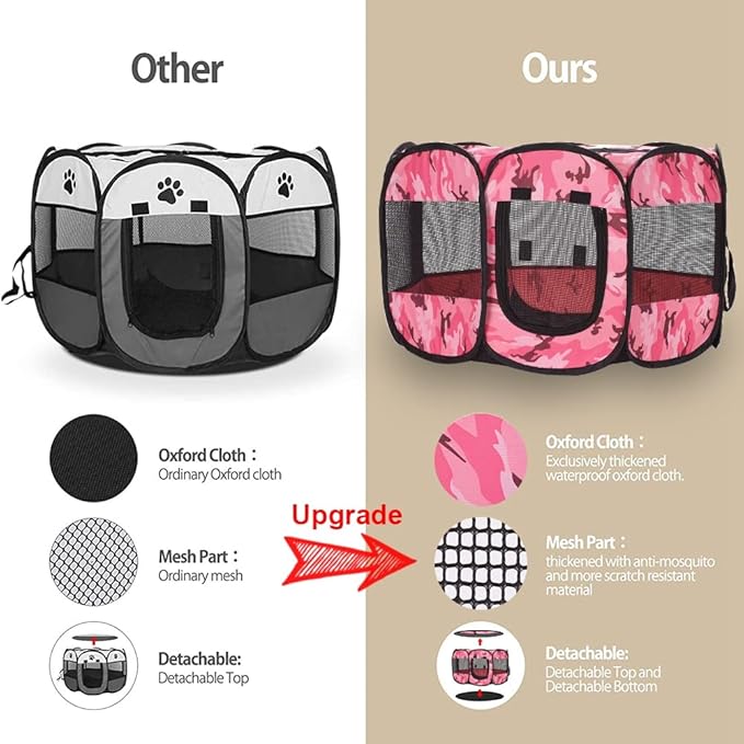 Foldable Pet Dog Playpen, Pop Up Portable Cat Playpen, Indoor/Outdoor for Kitten Puppy Play Pen, Cats Crate Tent with Carrying Bag, 600D Oxford (Camo Pink, Medium (31.5"x31.5"x23"), 8)