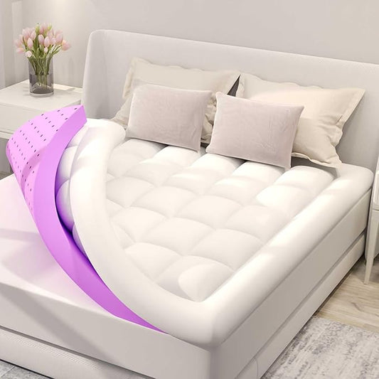 BDEUS Dual Layer 5 Inch Memory Foam Mattress Topper King Size, 2 Inch Gel Memory Foam Plus 3 Inch 1450 GSM Down Alternative Quilted Pillow Top Mattress Pad Cover,White