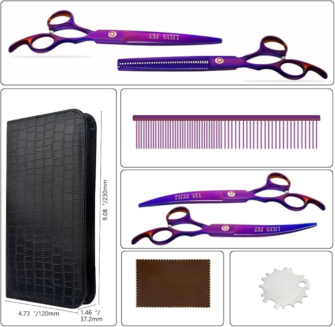 LILYS PET Professional PET DOG Grooming Coated Titanium scissors suit Cutting&Curved&Thinning shears (7.0 inches, Purple)…