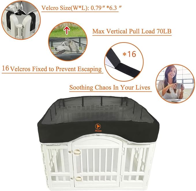 PJYuCien Dog Playpen Mesh Top Cover, Fits 36 Inch 4 Panels Regular Square Plastic Exercise Pet Pen, Adhesive Tape Connections, Black (Note: Cover Only, Fence Not Included)
