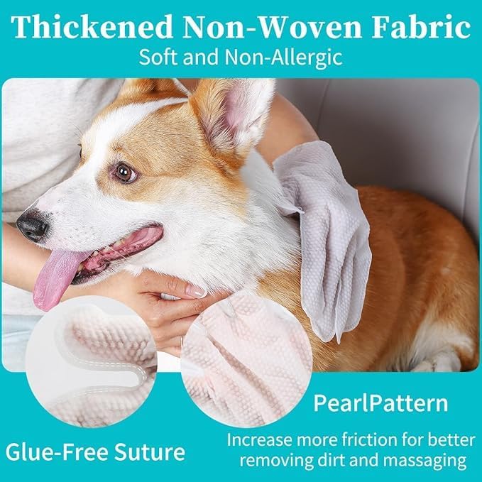 Pet Glove Wipes for Dogs & Cats, Pack of 6, Aloe Extract, Jojoba Oil, Rinse Free, Cleansing and Deodorizing