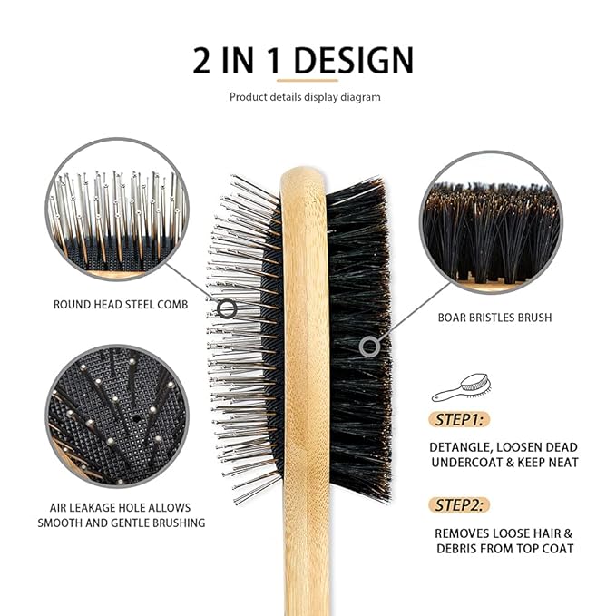 Dog Brush Cat Brush, Double Sided Bristle and Pin Pet Brush for Dog Grooming, Real Boar Bristle Shedding Brush with Bamboo Handle for Long Short Hair, 4 Pack Dog Comb, Black+Yelbow