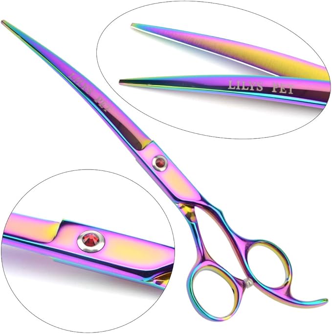 LILYS PET Professional PET DOG Grooming Coated Titanium scissors suit Cutting&Curved&Thinning shears (7.5 inches, Rainbow)…
