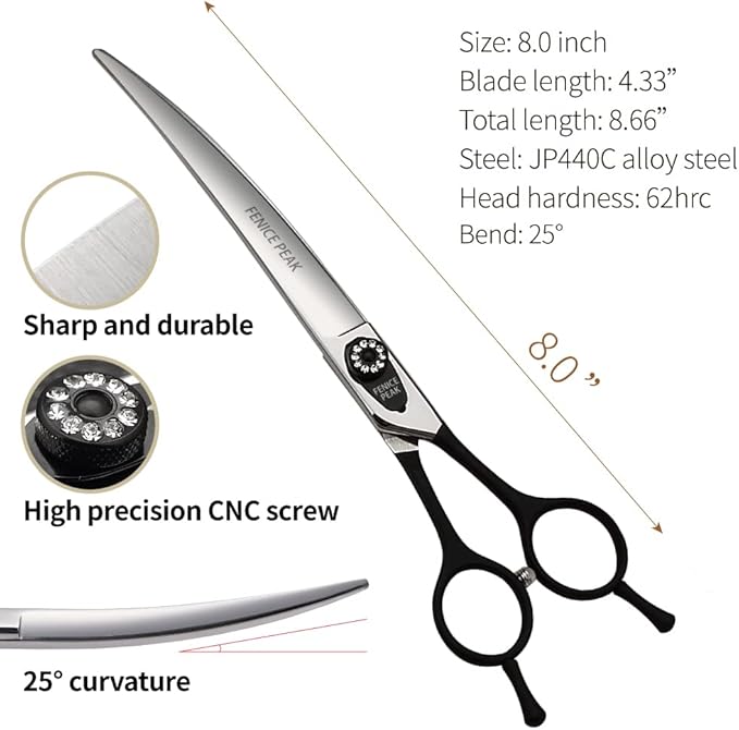 Fenice 8.0 inch Dog Grooming Curved Scissors with Jeweled Screw for Pets Japan 440C Stainless Steel Sharp Blade Light Weight Comfortable for Right Handed Groomers