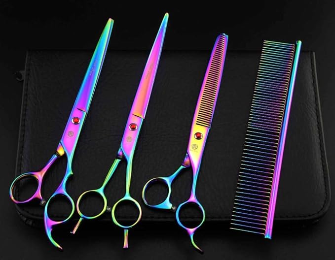Purple Dragon 8.0 inch Dog Hair Cutting, Curved and Thinning Scissors Shear Pet Grooming Tool Kit