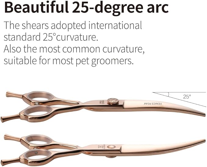 Fenice Peak Curved Dog Grooming Scissors Champagne Gold 440C Stainless Steel Professional Pet Cutting Shears Safety Trimming Shearing for Dogs and Cats