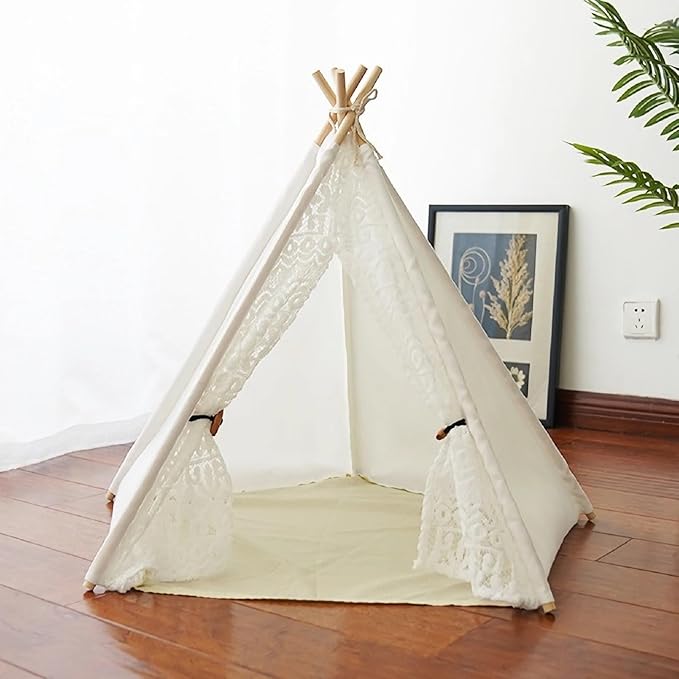 Dog Tent Bed, Portable Pet Teepee for Small Dogs and Cats, Removable & Washable Indoor House With Cozy Cushion, Bunny Outdoor Tent (White Lace, L)