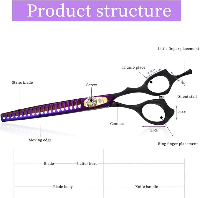 Dream Reach 7.0 inches Professional Decompressed Elastic Handle Pet Grooming Scissors Set,Straight & Chunker & 2 Curved Scissors 4pcs Set for Dog Grooming (Purple) (4PSC Set)