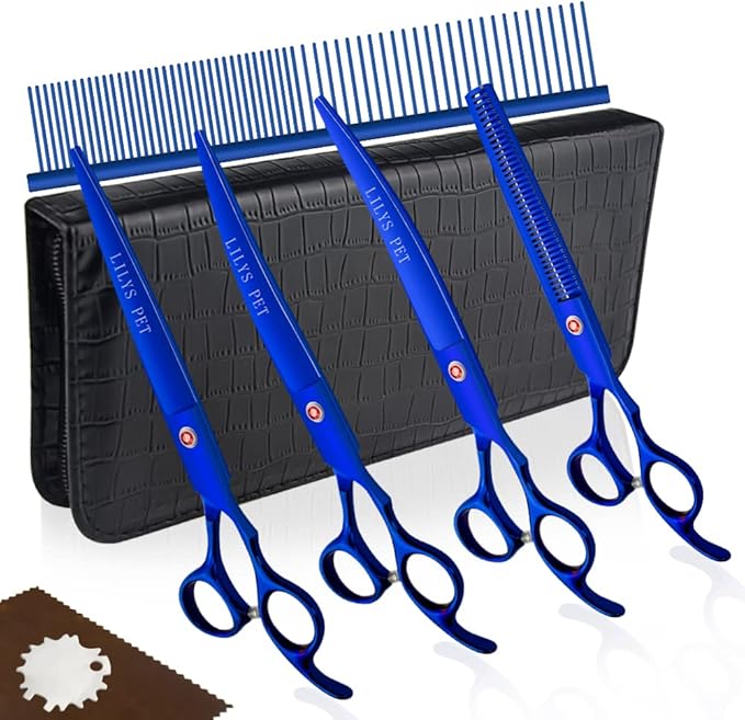 LILYS PET Professional PET DOG Grooming Coated Titanium scissors suit Cutting&Curved&Thinning shears (7.5 inches, Blue)…