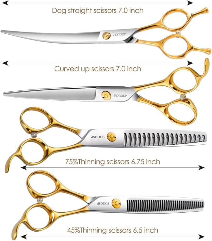Dog Grooming Scissors Kit 4pcs 7 inch Professional Dog Grooming Shears Set Curved Thinning Straight Chunkers for Dogs Cat Pets (7 in Kit, Gold)