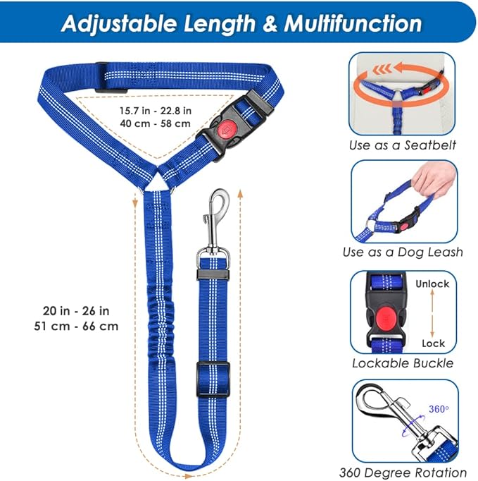 Lukovee Dog Seatbelt Leash for Cars, 2 Pack Pet Safety Car Seat Belt with Adjustable Buckle & Reflective Bungee, Connect Dog Harness in Vehicle Car Dogs Restraint Travel Daily Use (Blue)