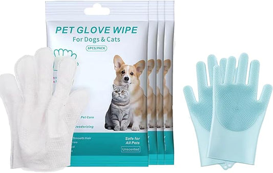 Pet Grooming Glove Wipes Combination,Pet Bathing Wipes for Dogs & Cats, Cleaning & Deodorizing Grooming Gloves, Nourish Fur Glove Wipes for Daily Care and Traveling, Rinse Free.24PCS