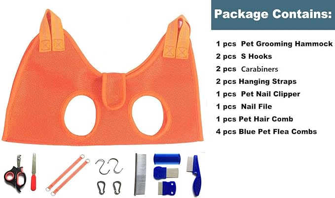 Dog Grooming Hammock with Flea Comb and Dog Nail Clipper, Pet Dog Grooming Hammock Harness with Cat Nail Clipper, Nail File and Dog Brush, Dog Sling for Nail Clipping/Nail Trimming (M, Orange)