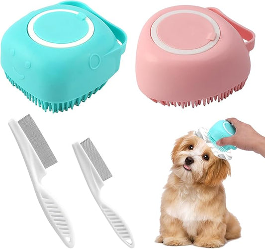 iayokocc 2Pcs Dog Cat Bath Brush Soft Silicone Dog/Puppy Massage Brush Hair Fur Grooming Cleaning Brush with Shampoo Dispenser,for Long Short Haired Pets,with 2Pcs Pet Flea Comb.