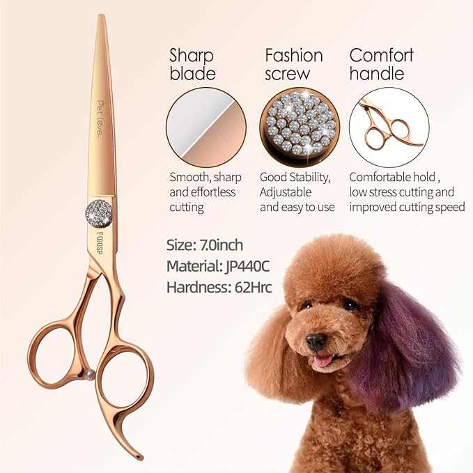 7'' Dog Grooming Scissors Set Rose Gold Titanium 4PCS Curved Thinning Straight Chunkers Shears Kit with White Artificial Diamonds Ergonomic Offset Handle Japan 440C Sharp and Durable