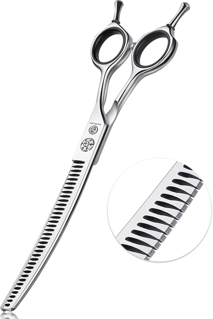 7" Upward Curved Dog Chunker Thinning Scissors Silver Dog Grooming Scissors Professional Blending Texturizing Trimming Shears for Dog Cat Pet Japanese Stainless