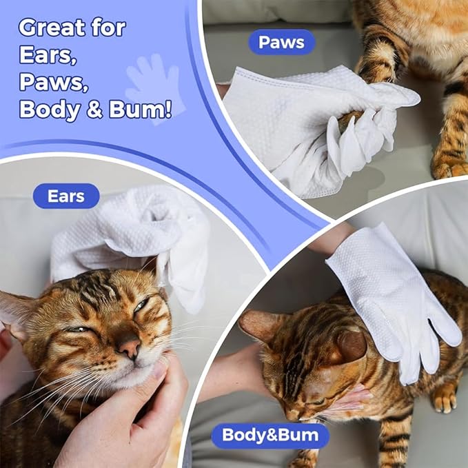 TIBLACK Pet Bathing Wipes for Dogs & Cats, Cleaning & Deodorizing Grooming Gloves, Nourish Fur Glove Wipes for Daily Care and Traveling, Rinse Free，7 PCS (Bluebell Gloves)