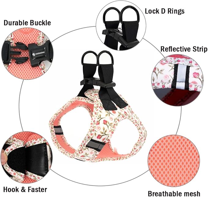 Step in Dog Harness and Leash Set, Reflective Dog Harness and Leash No Pull Dog Harness for Small Medium Large Dogs and Cats (XS(Neck:10-11.5",Chest:12.5-14.5"), RoseFlower)