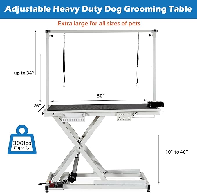 Professional Electric Dog Grooming Table Heavy Duty Pet Grooming Table Height Adjustable w/Leveling Wheels, Dog Grooming Arm, Anti Slip Tabletop &Tool Organizer, Dog Grooming Station 50" White