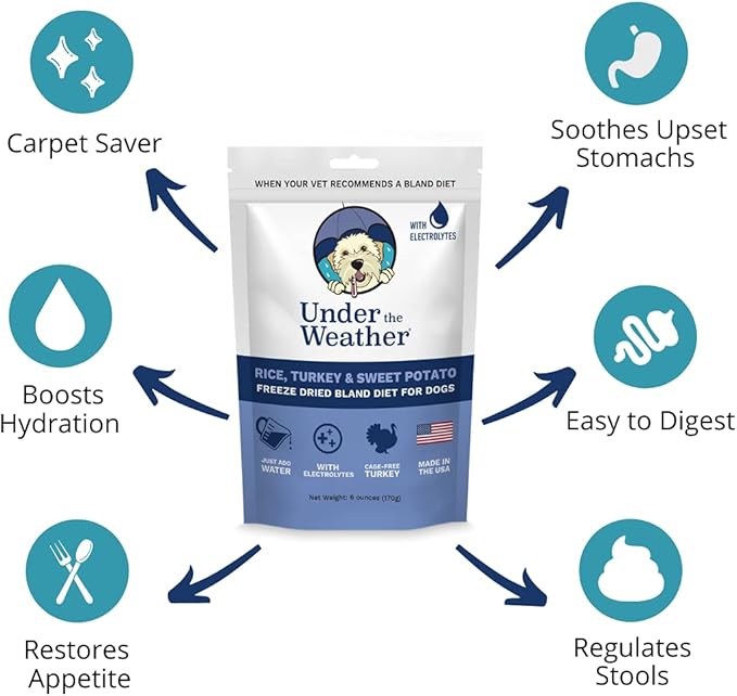 Under the Weather Bland Diet for Dogs | Easy to Digest for Sick Dogs |Always Be Ready| Contains Electrolytes - All Natural Freeze Dried 100% Human Grade Meats| 6 Pack- Rice Turkey & Sweet Potato - 6oz