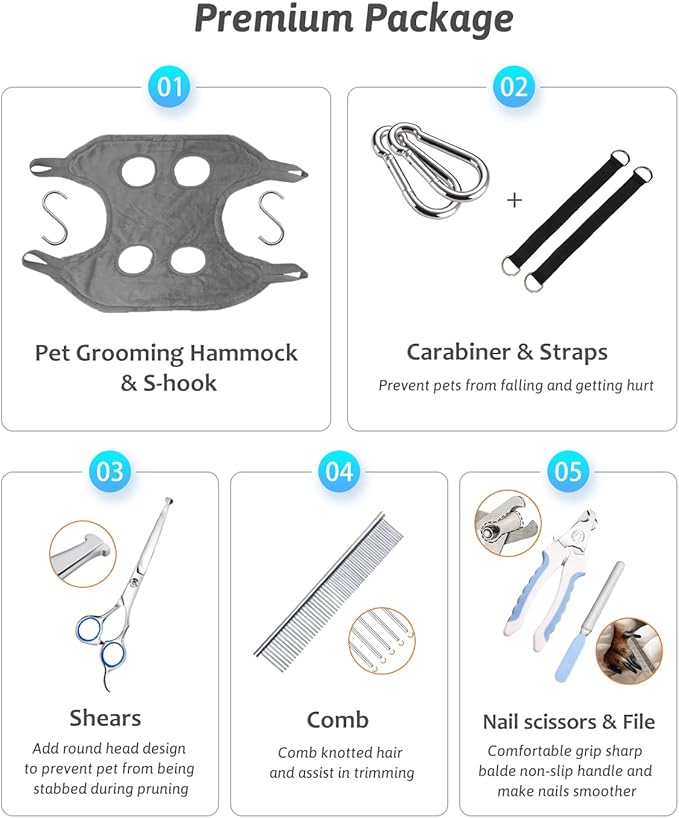 Dog Grooming Harness, Multifunctional Cats and Dogs Grooming Hammock, Pet Beauty Assistant, Nail Scissors/Nail Trimmer/Round Head Scissors (Medium grey)