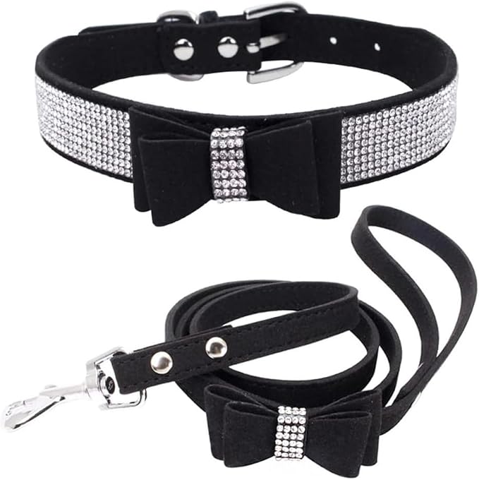 Rhinestone Bowtie Small Dog Collar and Leash Set, Diamond Puppy Collars Bow Crystal Bling Jeweled Glitter Girl Female Adjustable for XXSmall X-Small Small Medium Large Dogs (Black-1,XSmall)