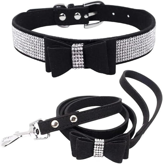 Rhinestone Bowtie Small Dog Collar and Leash Set, Diamond Puppy Collars Bow Crystal Bling Jeweled Glitter Girl Female Adjustable for XXSmall X-Small Small Medium Large Dogs (Black-1,Small)