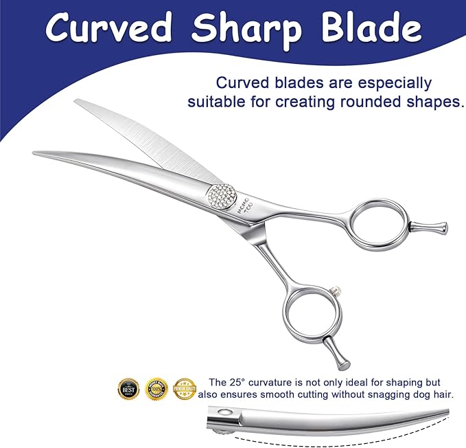 Professional Curved Dog Grooming Scissors with Simulation Diamond 440C Stainless Steel Polished Pet Cat Hair Cutting Shears for Groomers and Home users 7.5''