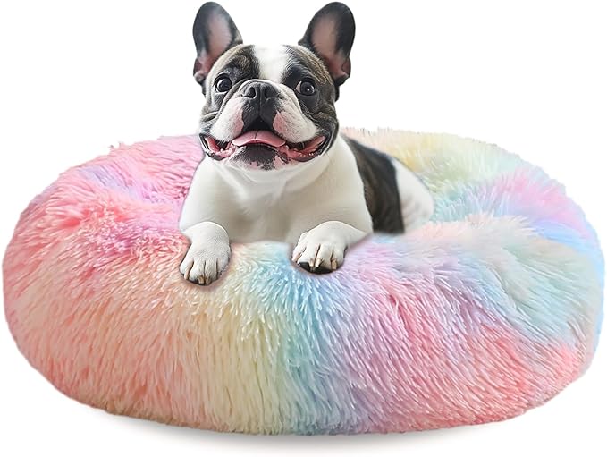 JOLLYVOGUE Donut Dog Bed for Medium Dogs, Anti-Anxiety Washable Round Bed, Calming Donut Dog Cat Bed for Puppy Bed, Fluffy Dog Beds for Large Dogs, Round Puppy Bed for Indoor Pet (31"/Rainbow