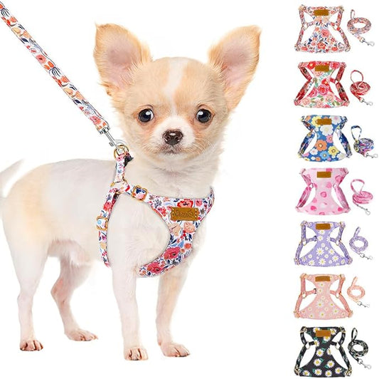 SlowTon No Pull Dog Harness with Leash - Soft Lightweight Floral Pattern Puppy Harness, Adjustable Pet Harness for Small Medium Dogs (Flower XS)