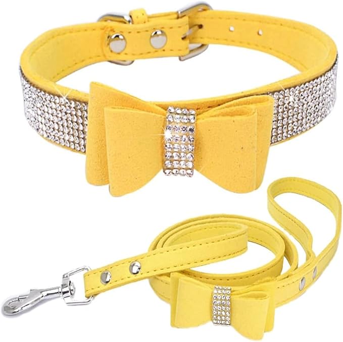 Rhinestone Bowtie Small Dog Collar and Leash Set, Diamond Puppy Collars Bow Crystal Bling Jeweled Glitter Girl Female Adjustable for XXSmall X-Small Small Medium Large Dogs (Yellow-1,XSmall)
