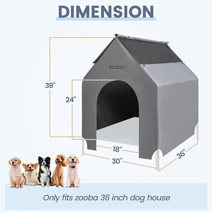 36” Durable Dog House Cover - Waterproof & UV-Resistant 600D Oxford Fabric Canopy for Outdoor Kennels - Cover Only, Fits 36"x30"x44" Houses - Protective Large Breed Shelter Top - Cool Grey