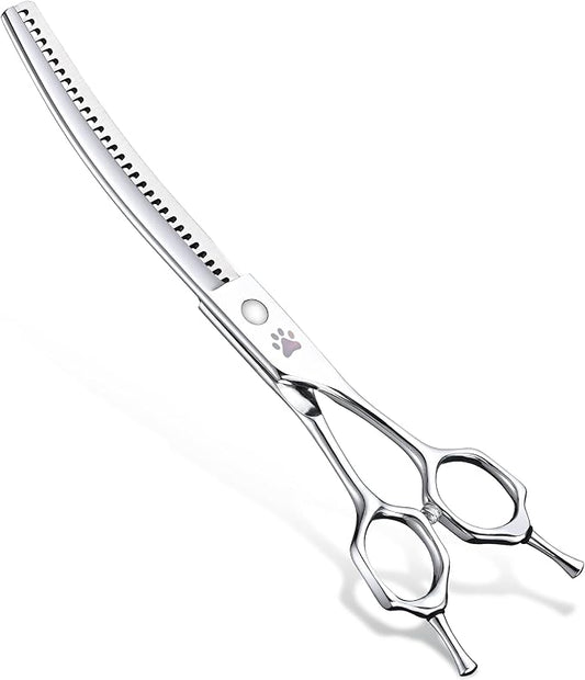 ULG 7.5" Curved Professional Dog Grooming Shears 30-Tooth Precision Thinning (55-60%) Japanese 440C Stainless Steel Adjustable Tension & Universal Left & Right Hand Use