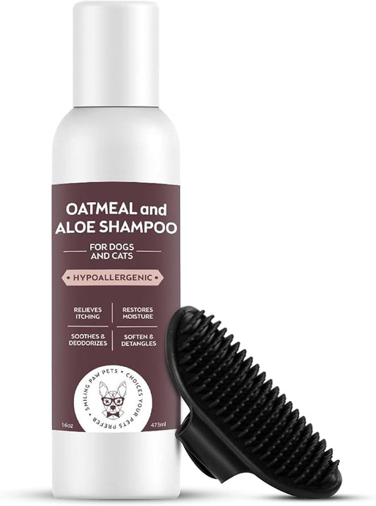 Smiling Paws Pets Oatmeal & Aloe Pet Shampoo with Pet Brush, 16oz, Fresh & Clean Scent