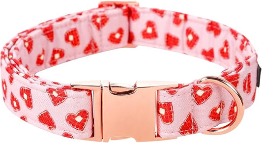 Lionet Paws Valentine Day Dog Collar, Heavy-Duty Cute Red Heart Pattern Collar with Metal Buckle Pet Necklace for Small Dog Gift, Neck 10-16 inches