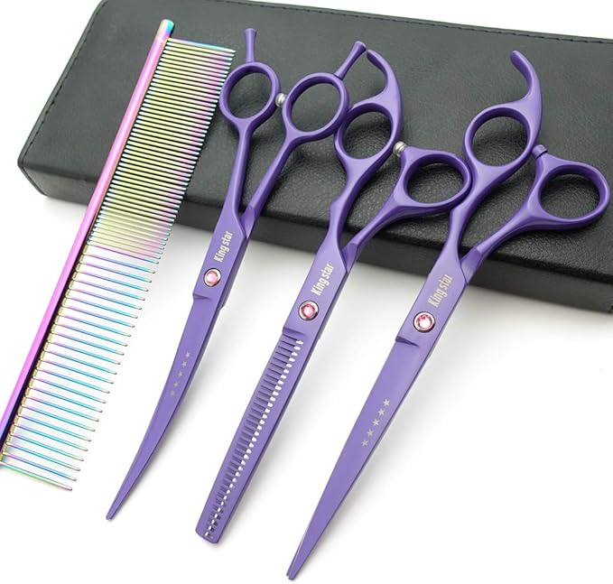 7.0in. Matt Purple Professional Pet Grooming Scissors Set,Straight & Thinning & Curved Scissors Set with Comb,case,A429