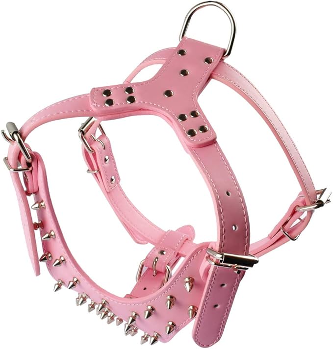 Leather Spiked Studded Harnesses, Collars & Leashes 3Pcs Matching Set for Medium & Large Dogs Pitbull,Mastiff, Boxer, Bull Terrier (Pink, L)
