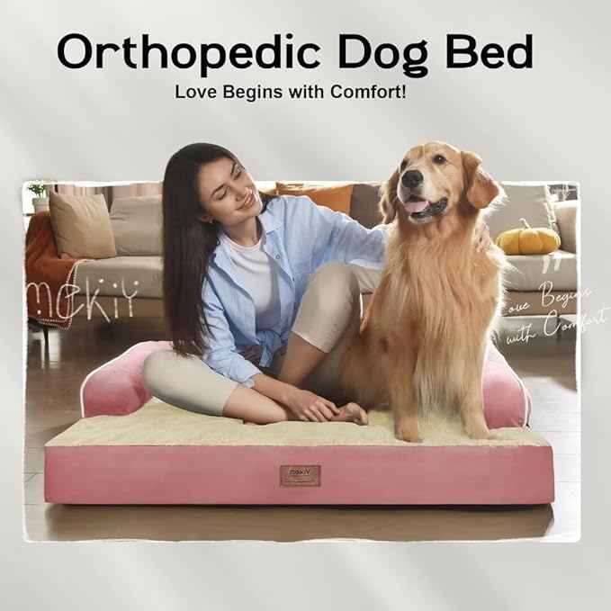 Orthopedic Washable Large Dog Bed, Pink Dog Beds with Removable Cover, Large XXXL Pet Dog with Bolster, Washable Dog Bed Sofa with Orthopedic Egg Foam for Medium Large Dog