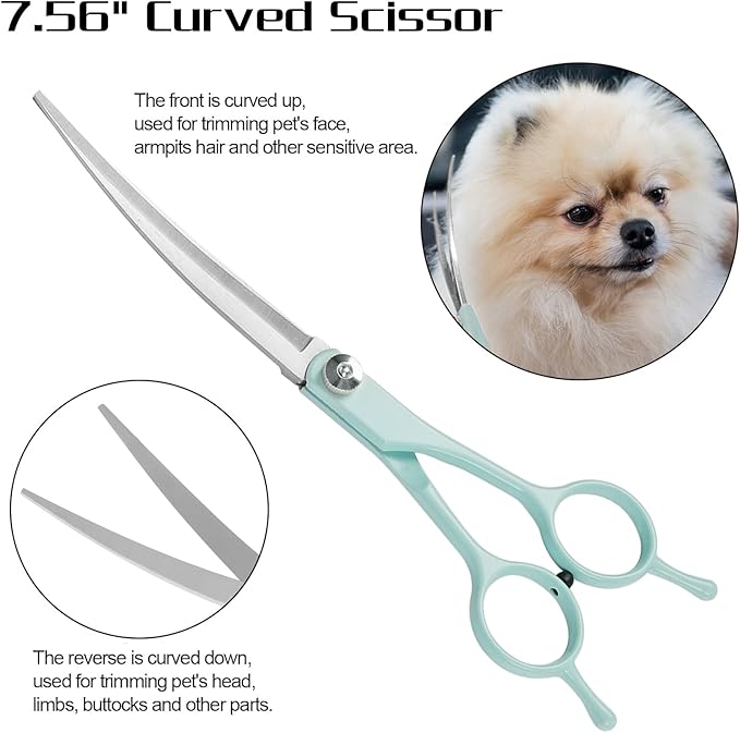 Professional Dog Grooming Scissors Set, 4 in 1 Dog Grooming Scissors Kit, Curved Dog Scissors Pet Thinning Shears, Pet Grooming Supplies, Blue