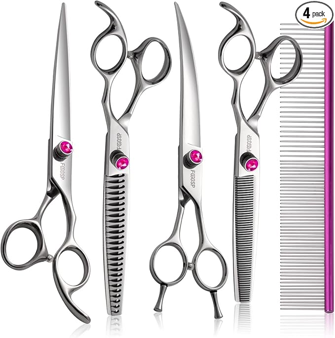 Dog Grooming Scissors Kit 7.5 in Professional Curved Thinning Straight Chunker Shears and Comb 5pcs Set for Grooming Big Dogs Poodle Pet Japan 440C Stainless Steel(7.5'',Kit)