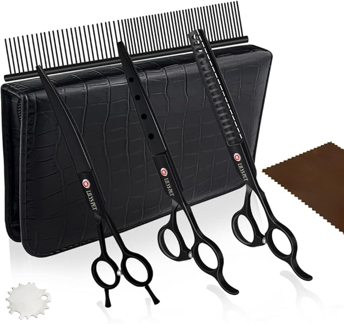 LILYS PET Professional PET DOG Grooming scissors Cutting&Curved&Thinning shears,Round Hole Design, Shark Teeth Thinning scissor (7", Black)