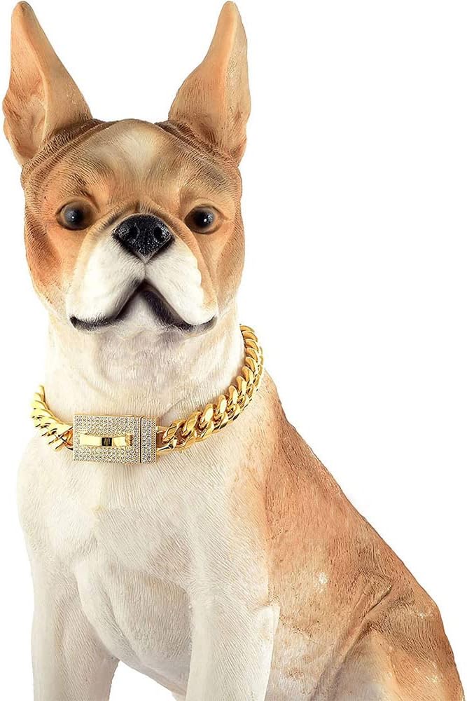 Cute Strong Gold Chain Dog Collar with Bling Clasp & Tag Pendant,18K Gold Plated Cuban Link Dog Collar,Dog Necklace Walking Collar for Puppy Small Dogs(12 Inches)