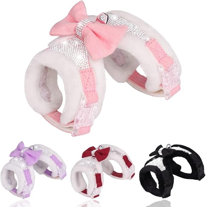Plush Chest Straps for Dogs, Rhinestone Winter Dog Harness, Vest Bow Harness for Small Medium Dogs