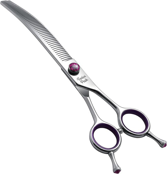 Fenice Peak 7.5'' Fluffy Dog Grooming Scissors Professional 440C Curved Thinning Shears 55% Thinning Rate and 30°Curved Sharp and Durable with Decorative Screws & Tails